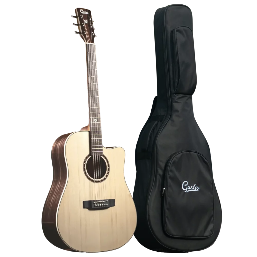 Gusta GD1C RW Bag <h3>The Gusta GD1C-RW is an acoustic guitar</h3> <p class="lead">That combines classic design with modern craftsmanship. It features a solid spruce top and rosewood back and sides, delivering a warm, resonant tone with excellent projection. The cutaway design allows for easy access to higher frets, making it versatile for various playing styles.</p>  